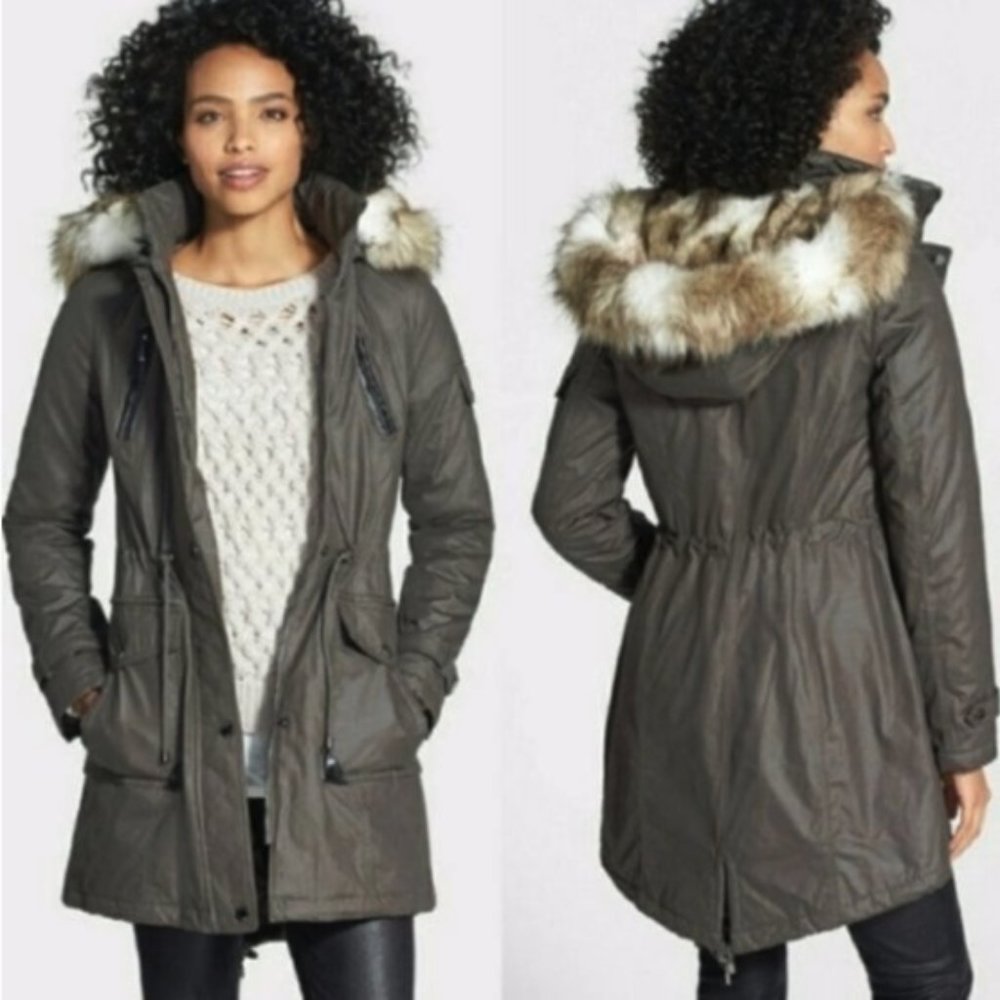 Laundry by Shelli Segal Anorak Coat Faux Fur Hood Olive Army Green M